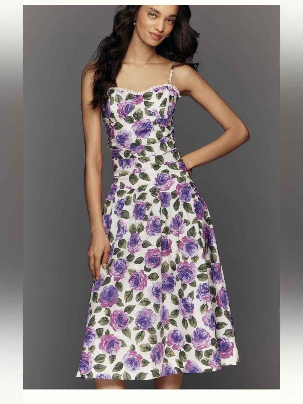 Anthropologie White Midi Dress With Purple Rose Print
